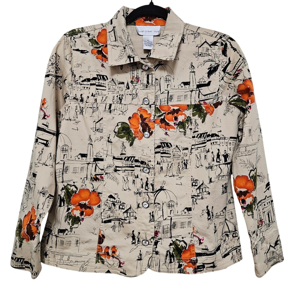 European Sketch Floral Blazer Indie Boho Cottagecore Button Artsy Romantic XS